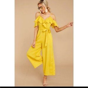 Jealous Tomato Women's mustard yellow ruffle cold shoulder jumpsuit Sz S